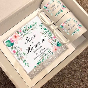 Gepersonaliseerde islamitische huwelijkscadeau mand set namen paar Nikka Dua moslim mokken Nikkah kalligrafie kunst familie gunsten Zam Zam stickers datum