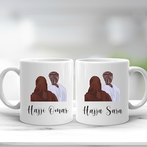 Islamitische Hajj mokken Set paar gepersonaliseerde namen Hajji Hajja familie cadeau zwart goud Mabroor 2024 Mubarak viering Kabah Decor Makkah