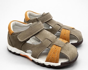 Boys Beige / Taupe Brown Leather Sandals | Toddler Soft Sole Summer Shoes