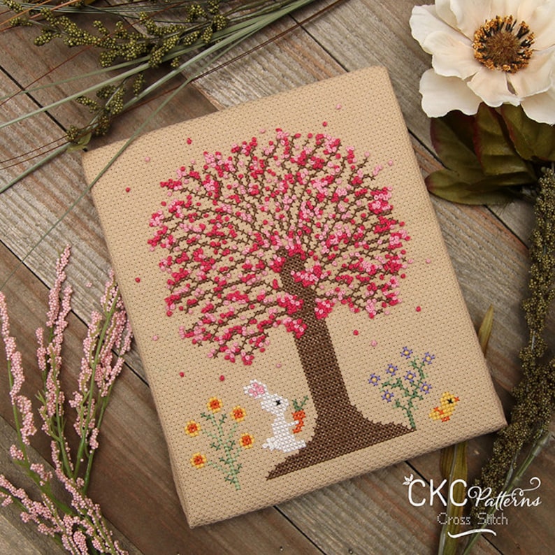 CKC Cross Stitch 4 Seasons Spring PDF Pattern french knots bunny carrot flowers Spring chick