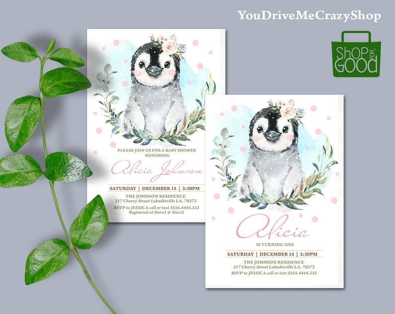 Cute Penguin Baby Shower Invitation Girl Baby Shower Etsy