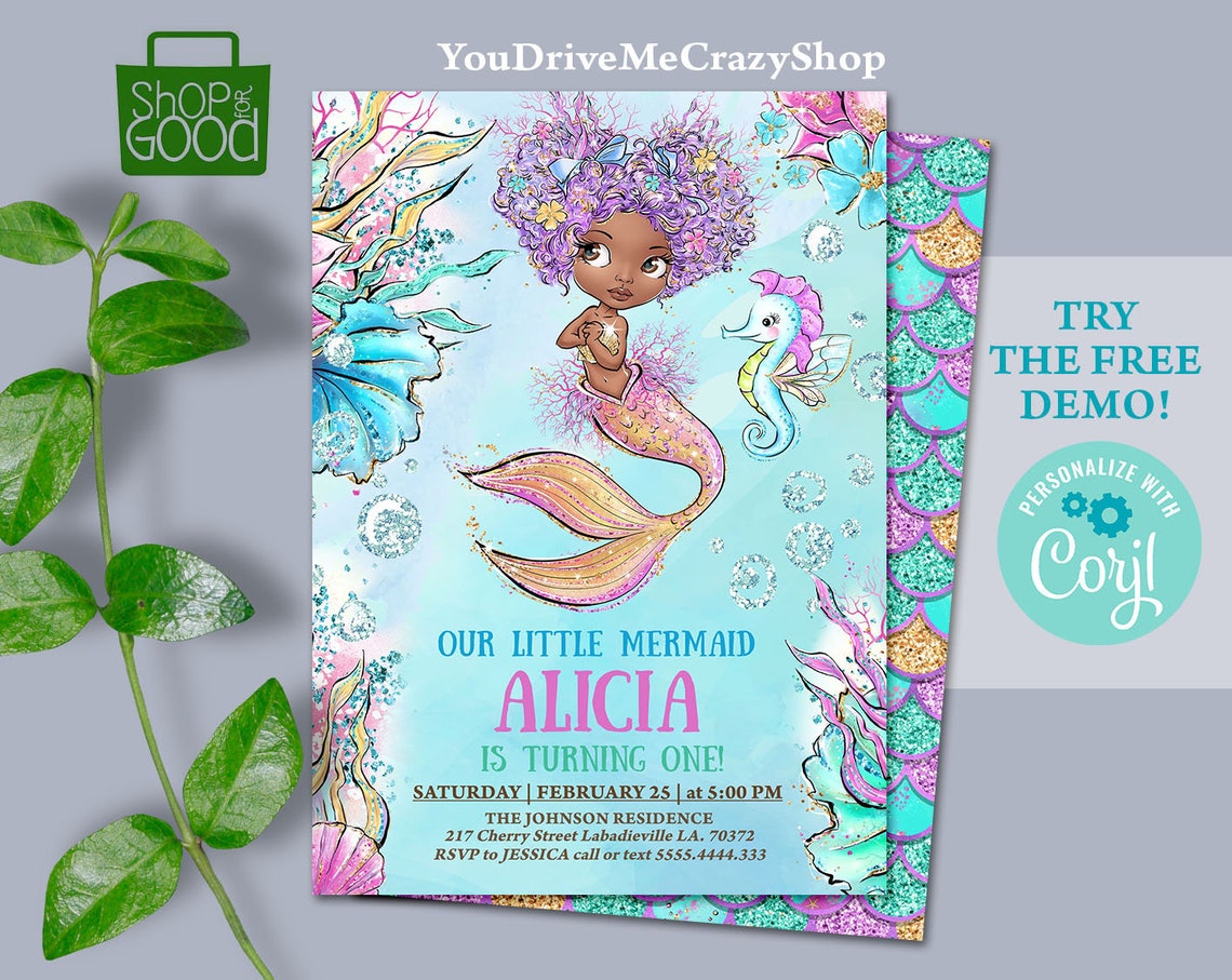 Editable Black Mermaid Birthday Invitation Black little | Etsy