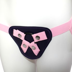 Vegan Pink and Purple Strap On Harness - Baby Pink Straps with Purple Buckles and Dark Purple Faux Leather Strapon Base