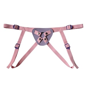 Lilac and Pink Strap On Harness - Pink Strap With Lilac Leather Base and Purple Buckles