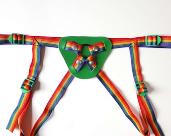 Rainbow Strap on Harness with Green Leather and Green Strapon Buckles
