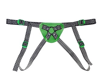 Checkered Strap On Harness With Green Leather And Buckles - Black And White Check Harness