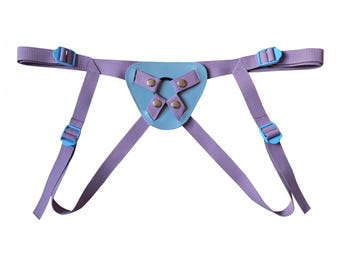 Lilac and Blue Strap On Harness - Lilac Strap With Blue Leather Base