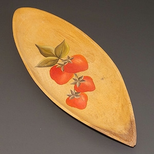 Vintage Wooden Platter with Painted Strawberries - Entryway Table Tray - Decorative Trinket Bowl
