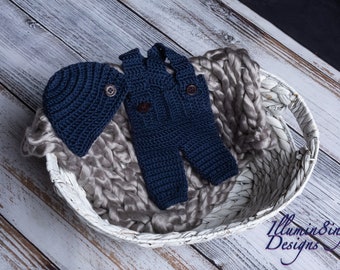 Crochet "Tommy" Newborn Overalls, Matching Hat, Baby Boy Romper, Newborn Outfit, Newborn Photography Prop Boy, Coming Home, Pictures