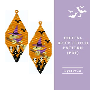 Patrón de aretes de cuentas de Halloween en formato PDF/Patrón digital de cuentas con puntada de ladrillo de bruja/Aretes de cuentas espeluznantes/Descarga de patrón de otoño/Esquema de peyote para perros