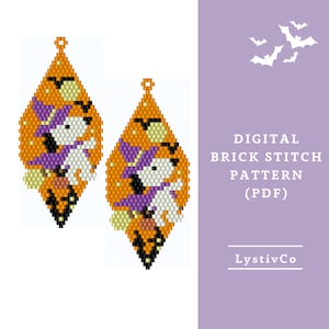 Patrón de aretes de cuentas de Halloween en formato PDF/Patrón digital de cuentas con puntada de ladrillo de bruja/Aretes de cuentas espeluznantes/Descarga de patrón de otoño/Esquema de peyote para perros