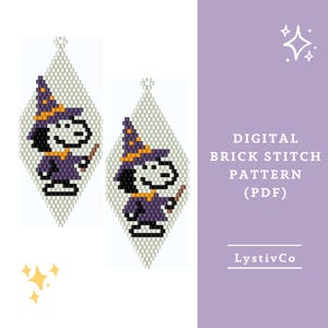 Patrón de aretes de cuentas de Halloween en formato PDF/Patrón digital de cuentas con puntada de ladrillo de bruja/Aretes de cuentas espeluznantes/Descarga de patrón de mago/Esquema de peyote de perro