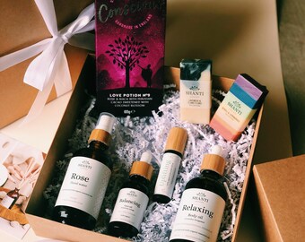 Verwöhnen Geschenk-Box | Bio-Aromatherapie Geschenk für Frauen | Geburtstagsgeschenk für Sie | Handgemachte Gesichts- & Körperkosmetik | Natürliches Hautpflege Geschenk-Set