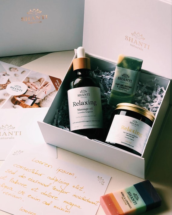 Luxury Spa Gift Box for Her, Aromatherapy Massage Oil Gift Set, Botanical Essential Oils Candle &  Soap, Self Care Gift, 100% Natural