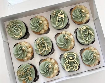 6 pc gold Baby shower, Gender reveal cupcake toppers