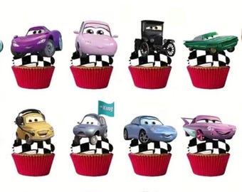 12 pc double sided Cars cupcake topper Decor, Lightning McQueen, Race Car Birthday theme
