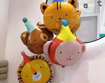 Set of 4 Party Animal Balloons | Birthday party, Safari Theme Monkey, Bear, Tiger, Lion, Jungle Party Decor, Birthday Balloons.