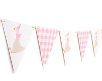 Pink gingham goose theme banner. Party decor, baby shower garland