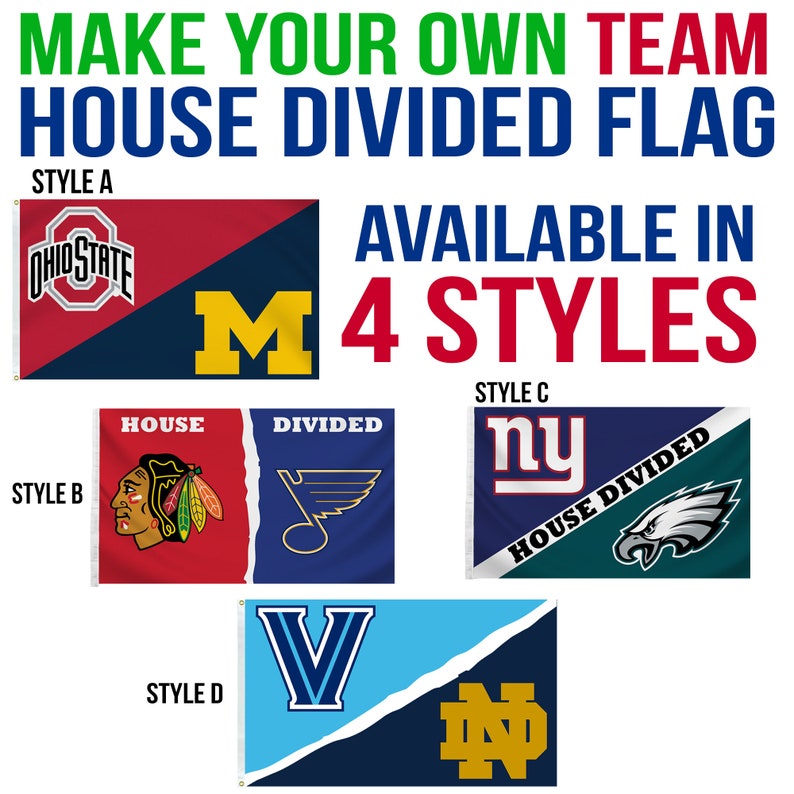 Créez votre propre drapeau divisé Custom House pour toutes les équipes, écoles ou ligues, drapeau divisé Custom Team House, drapeaux de rivalité d'équipe image 1