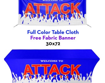 Custom Spandex Fitted Tablecloth with free banner,  Rectangular Stretch Table cover for events, trade show, flea market, farmers market.