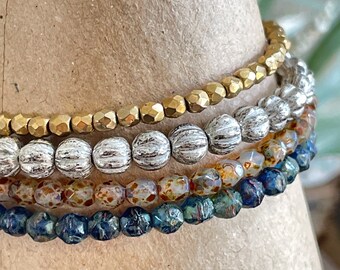 Set of 4 Stretch Bracelets - Czech Glass Beads - Beaded Bracelets - Mix & Match Bracelets - Grey Opal Studio
