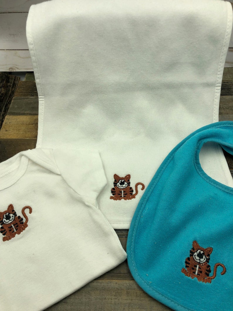 Infant Baby Set-Embroidered Baby Tiger-Burp Cloth-Bib-Gerber Onesie 3-6 months