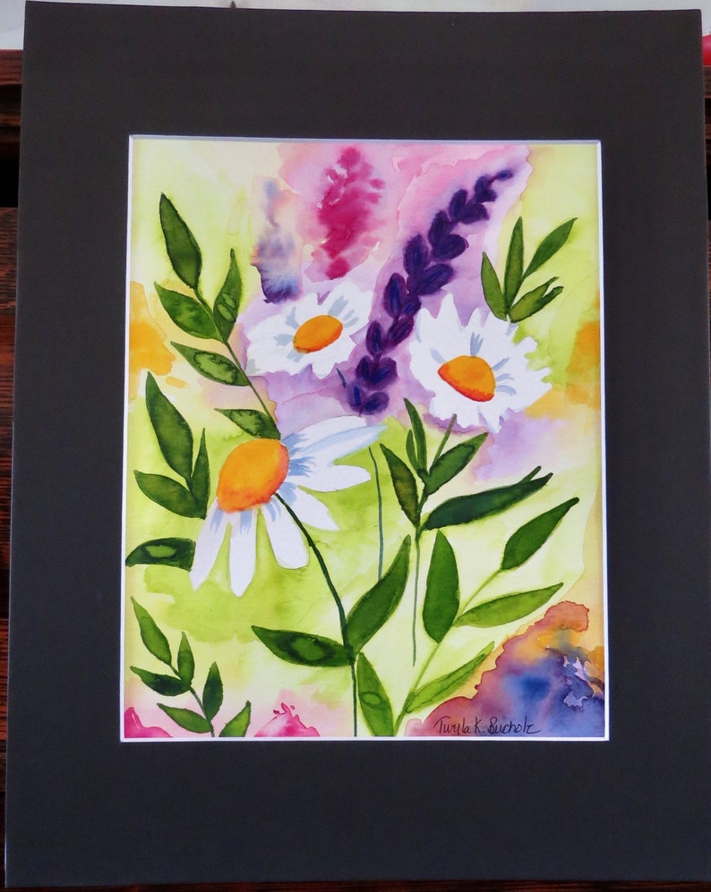 Daisy Original Watercolor Painting Floral Note Cards Available ** See Notes** Not a Print Black Matt 11 X 14