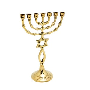 Seven Branches Messianic Menorah Candle Holder 8.5 Inches Height Brass/Copper