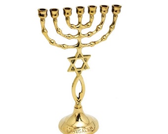 Seven Branches Messianic Menorah Candle Holder 8.5 Inches Height Brass/Copper