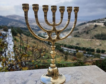 Menorah kandelaar zeven tak Menora met Davidster messing koper uit Israël hoogte 8,6 inch