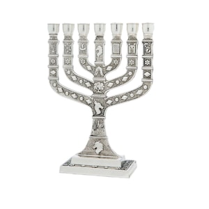 Seven Branch Menorah Candles Holder 10 Inches Height Decorated With 12 Signs Of Israel Tribes Silver Color