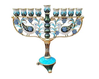 Hanukkah Menorah -  Jewish Chanukkiha 7.5 Inch Height With Pigeon and olive leaves Decorated With Enamel