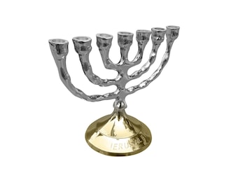 Mini Jérusalem Sept Branches Menorah 3,3 pouces de hauteur Laiton / Cuivre Plaqué Argent Plaqué