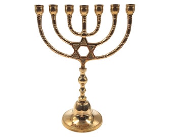 Seven Branches Menorah 8.6 Inches Height  Design With Star of David  Brass/Copper Made