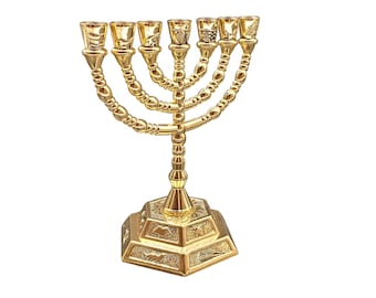 Seven Branches Menorah Candle Holders With 12 Tribes Golden Color