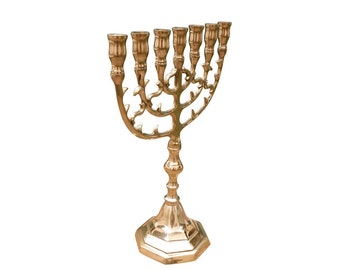 7 Branches Menorah Blossom Leaves Design 9.5 Inches Height Brass/Copper