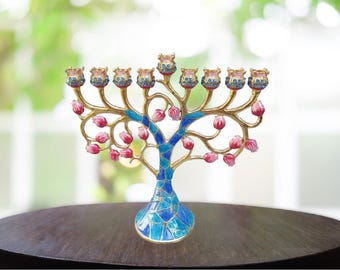 9 Brach Menorah - Hanukkah Chanukkah Menorah 6.3 Inch Height Decorated With Enamel