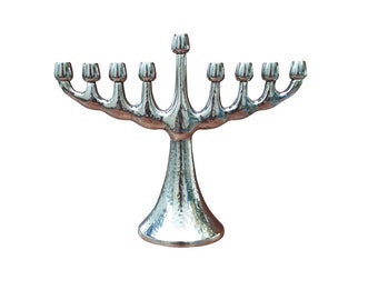 Hanukkah Menorah 7 Inch Height, Jewish Hanukkiah 9 Branch Menorah, hammered Design Hanukkiah