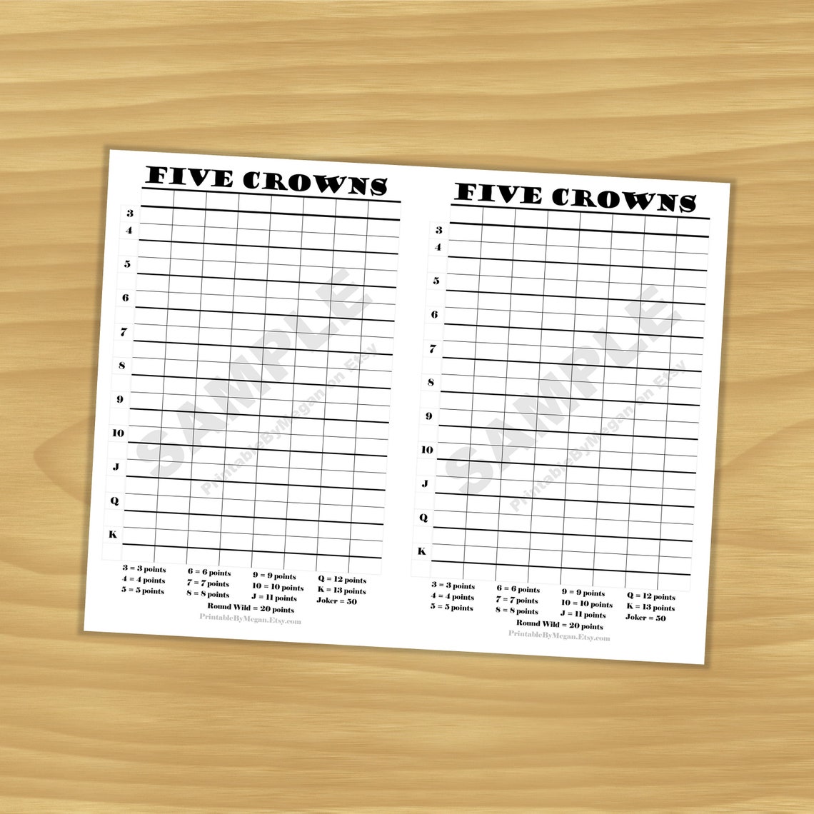 Five Crowns Score Sheet | Five Crowns Score Card - Etsy