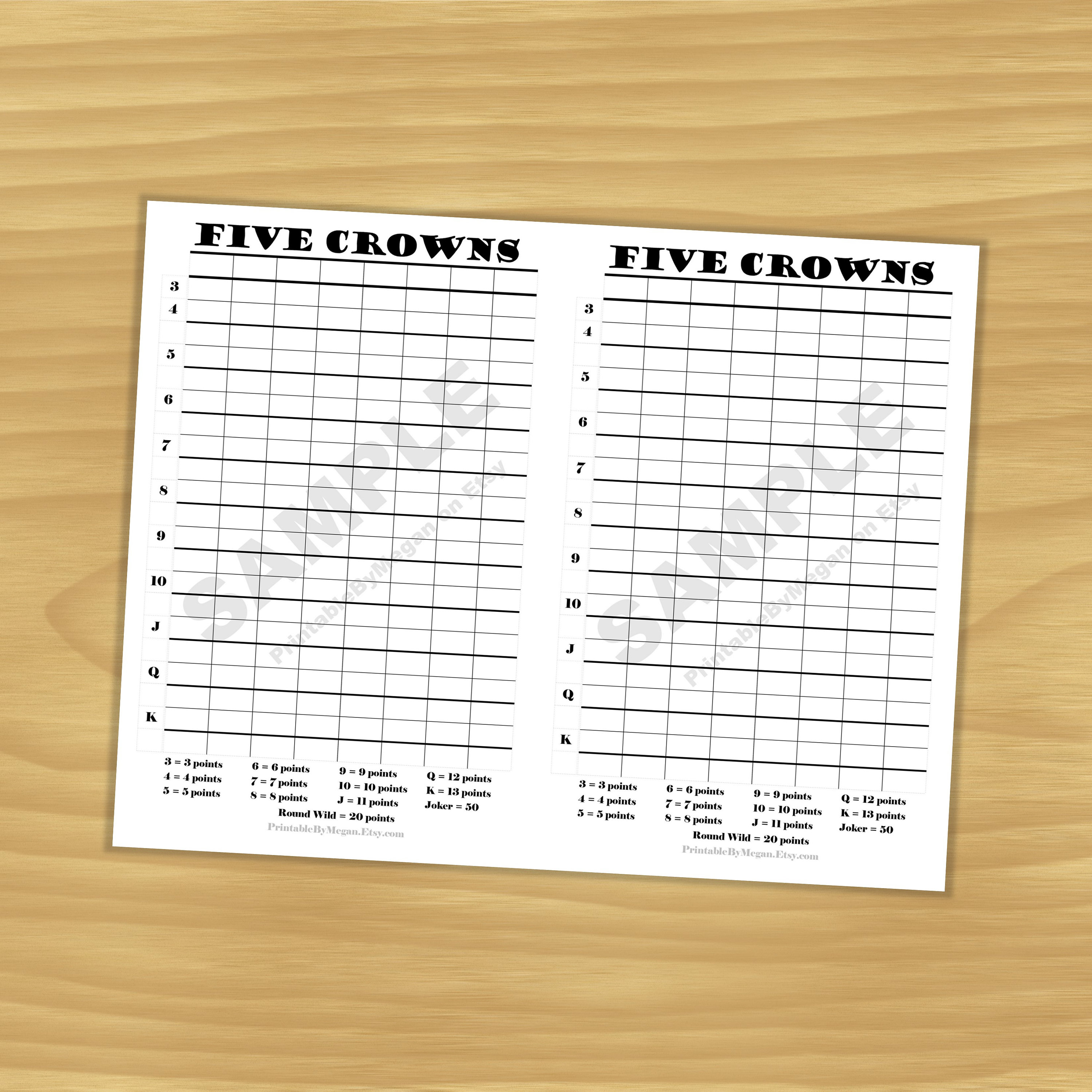 Five Crowns Score Sheet Five Crowns Score Card Etsy