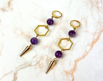 Golden geometric amethyst gemstone earrings original crystal jewelry for her