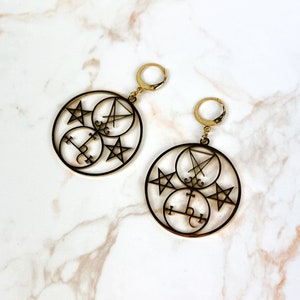 Sigils of Lucifer and Lilith occult earrings, golden, reversed pentacle, hypoallergenic stainless steel gothic jewelry