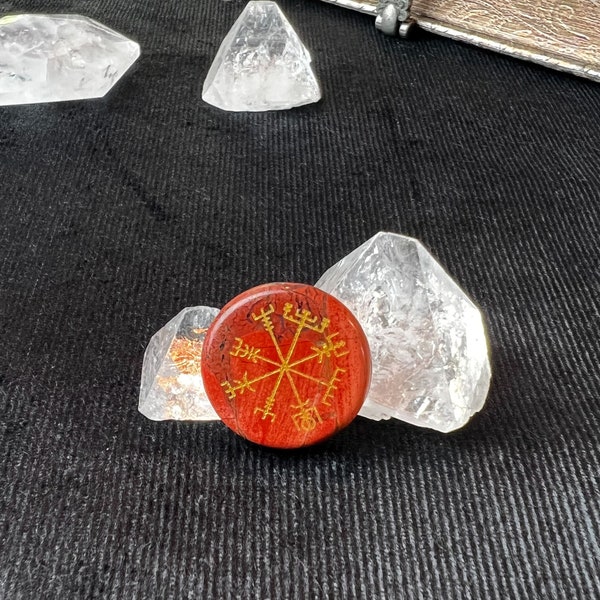 Vegvisir compass engraved Red Jasper spiritual altar tool onyx crystal amulet Asatru Viking symbol