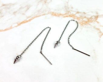 Spike threader earrings, stainless steel Halloween jewelry with point charms, corporate gothic accessory