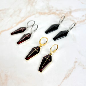Coffin earrings, gothic jewelry, red and gold or black