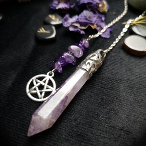 Crystal pendulum amethyst gemstone pentacle dowsing tool occult art wiccan divination tool