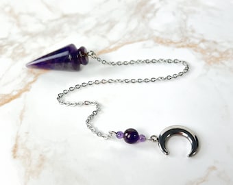 gemstone pendulum amethyst stainless steel and crescent moon charm divination tool