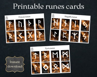 Printable Norse runes cards black and copper old Futhark instant download for norse divination asatru altar A4 and US letter