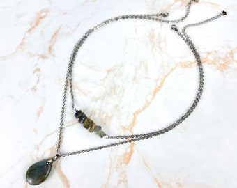 Ensemble de deux colliers en labradorite et acier inoxydable bijou élégant spirituel lithothérapie cadeau pour elle