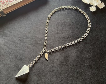 Clear Quartz Pendulum Necklace with Stainless Steel Chain for Witchcraft, Dowsing, Energy Healing, gemstone divination tool and jewelry